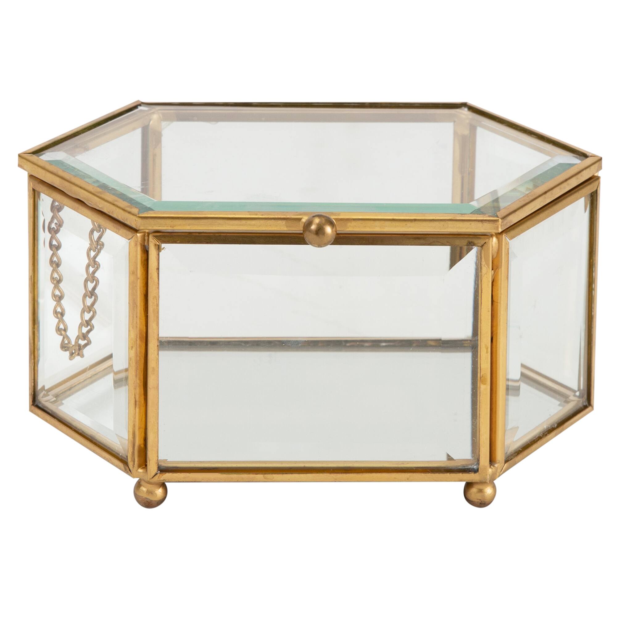 Home Details Vintage Mirrored Bottom Gold Hexagonal Glass Keepsake Box
